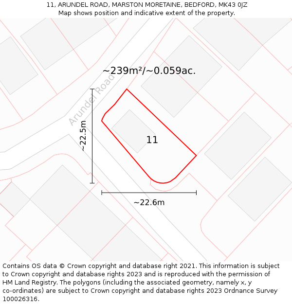 11, ARUNDEL ROAD, MARSTON MORETAINE, BEDFORD, MK43 0JZ: Plot and title map