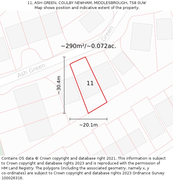 11, ASH GREEN, COULBY NEWHAM, MIDDLESBROUGH, TS8 0UW: Plot and title map