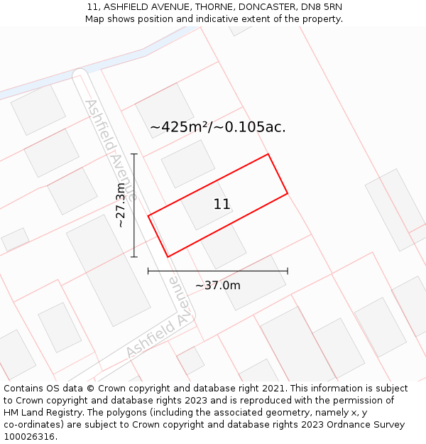 11, ASHFIELD AVENUE, THORNE, DONCASTER, DN8 5RN: Plot and title map