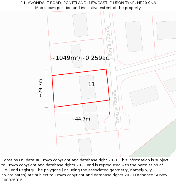 11, AVONDALE ROAD, PONTELAND, NEWCASTLE UPON TYNE, NE20 9NA: Plot and title map