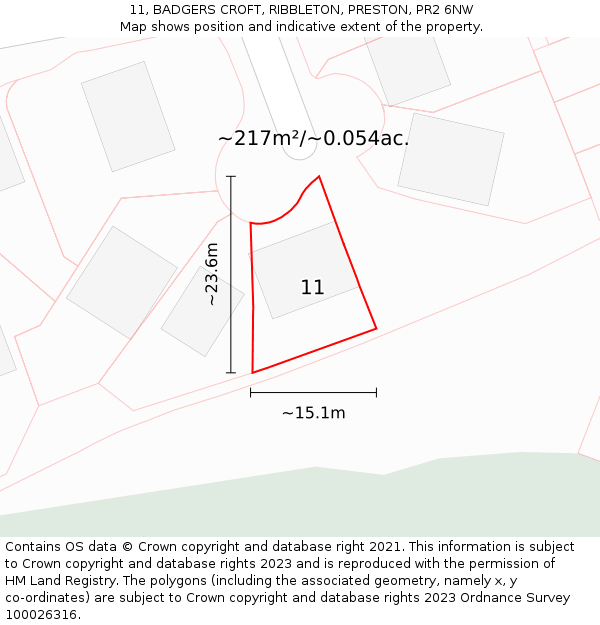 11, BADGERS CROFT, RIBBLETON, PRESTON, PR2 6NW: Plot and title map