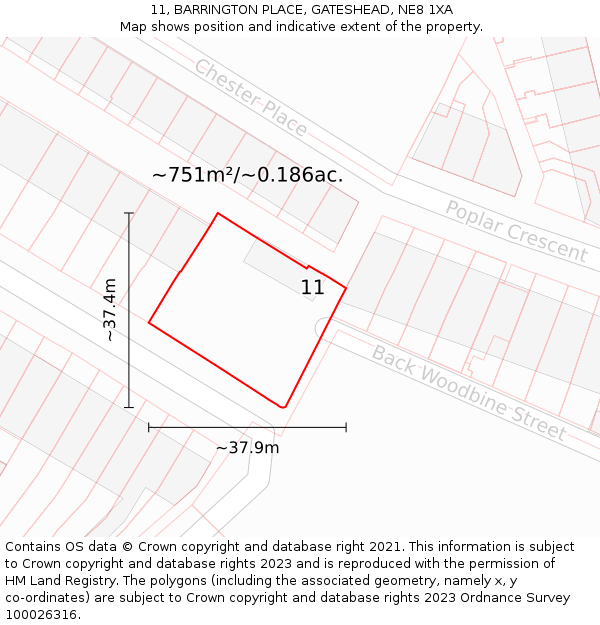 11, BARRINGTON PLACE, GATESHEAD, NE8 1XA: Plot and title map