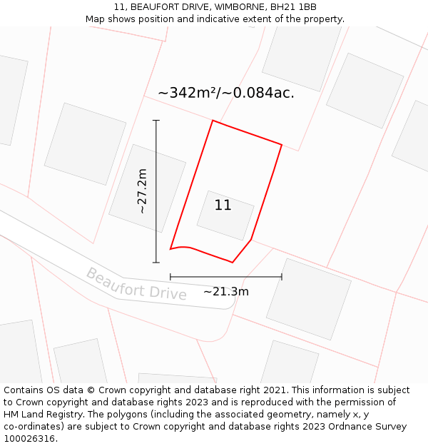 11, BEAUFORT DRIVE, WIMBORNE, BH21 1BB: Plot and title map