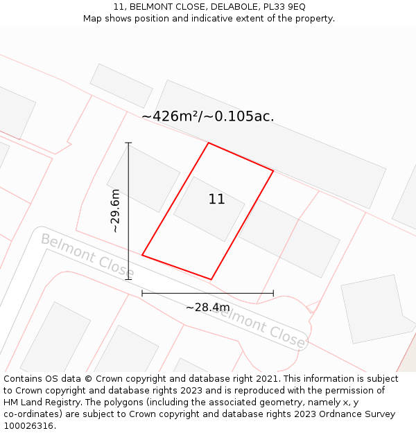 11, BELMONT CLOSE, DELABOLE, PL33 9EQ: Plot and title map