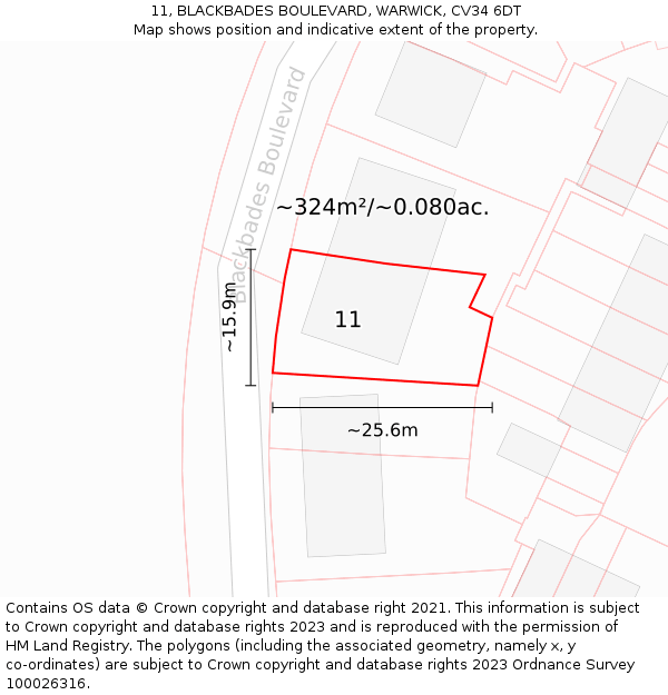 11, BLACKBADES BOULEVARD, WARWICK, CV34 6DT: Plot and title map