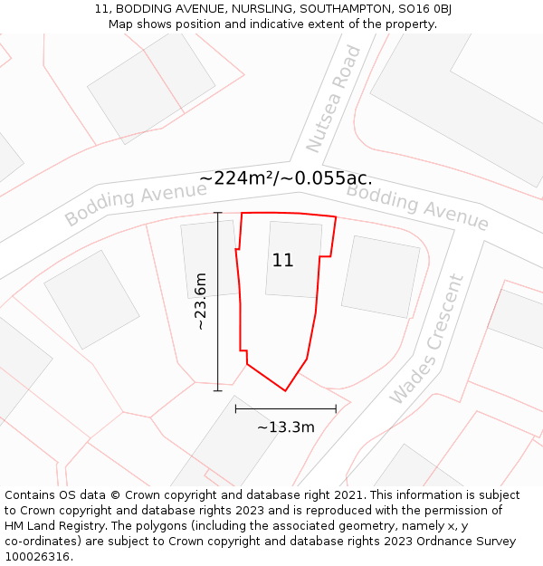 11, BODDING AVENUE, NURSLING, SOUTHAMPTON, SO16 0BJ: Plot and title map