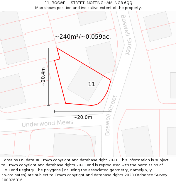 11, BOSWELL STREET, NOTTINGHAM, NG8 6QQ: Plot and title map