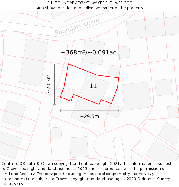 11, BOUNDARY DRIVE, WAKEFIELD, WF1 3QQ: Plot and title map