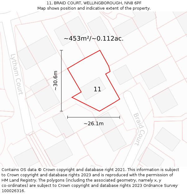 11, BRAID COURT, WELLINGBOROUGH, NN8 6PF: Plot and title map