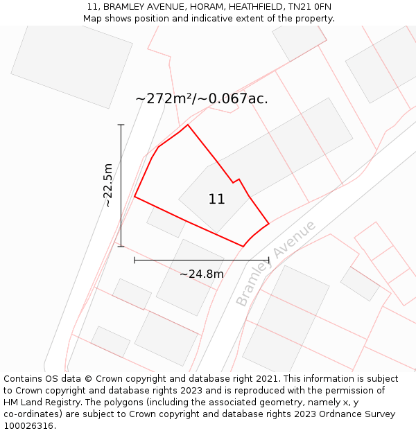 11, BRAMLEY AVENUE, HORAM, HEATHFIELD, TN21 0FN: Plot and title map