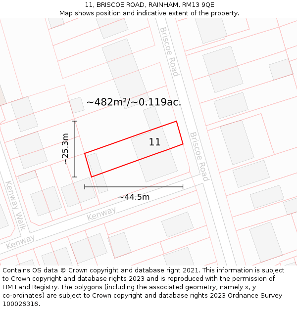 11, BRISCOE ROAD, RAINHAM, RM13 9QE: Plot and title map