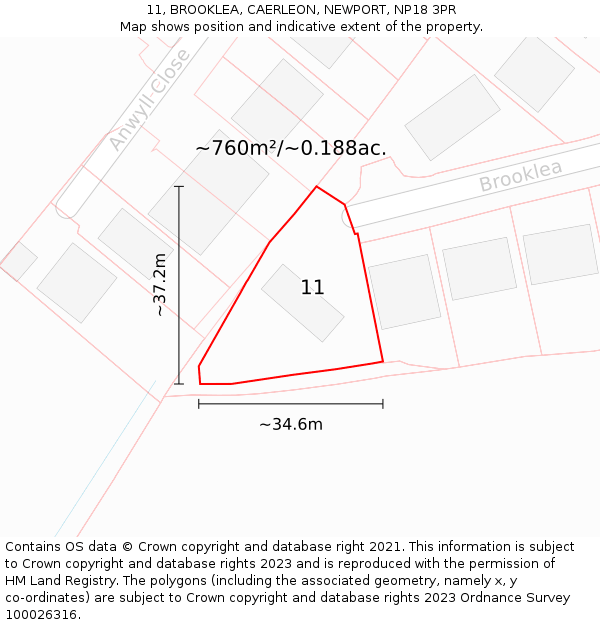 11, BROOKLEA, CAERLEON, NEWPORT, NP18 3PR: Plot and title map