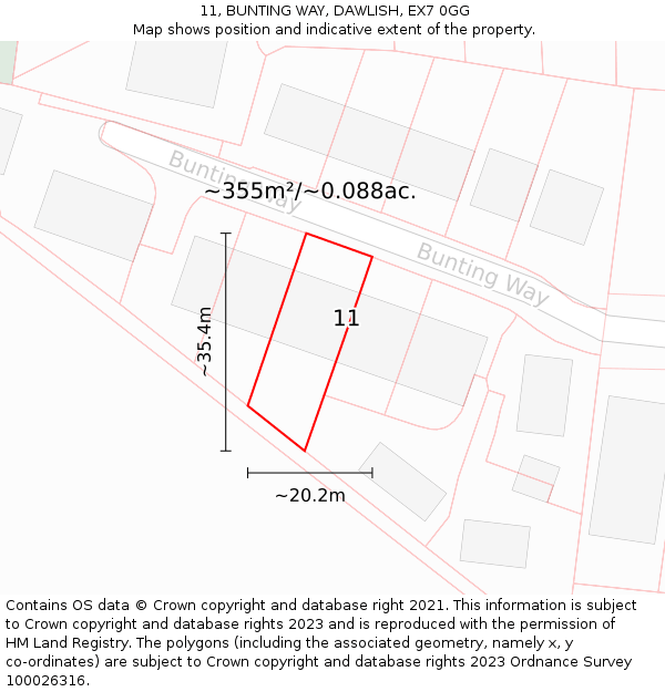 11, BUNTING WAY, DAWLISH, EX7 0GG: Plot and title map