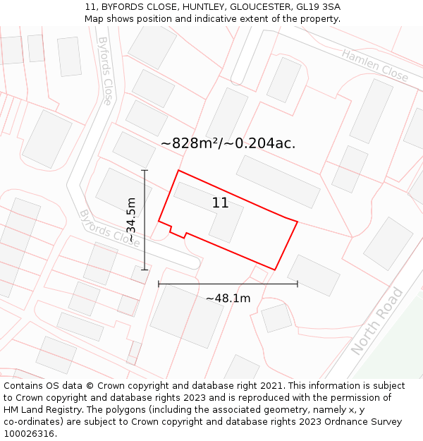 11, BYFORDS CLOSE, HUNTLEY, GLOUCESTER, GL19 3SA: Plot and title map