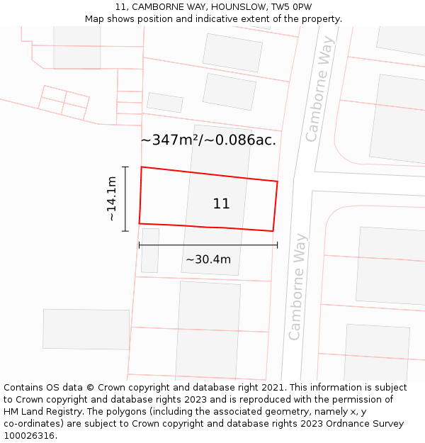 11, CAMBORNE WAY, HOUNSLOW, TW5 0PW: Plot and title map