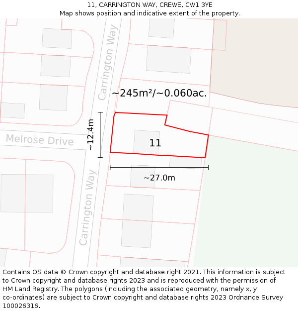 11, CARRINGTON WAY, CREWE, CW1 3YE: Plot and title map