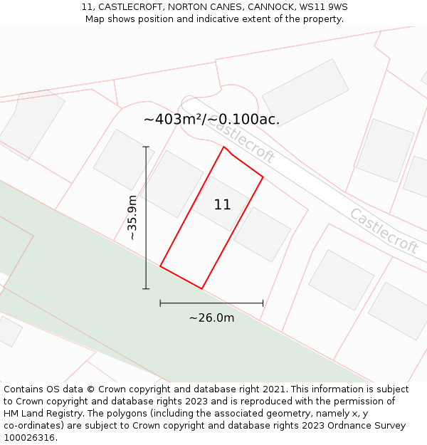 11, CASTLECROFT, NORTON CANES, CANNOCK, WS11 9WS: Plot and title map