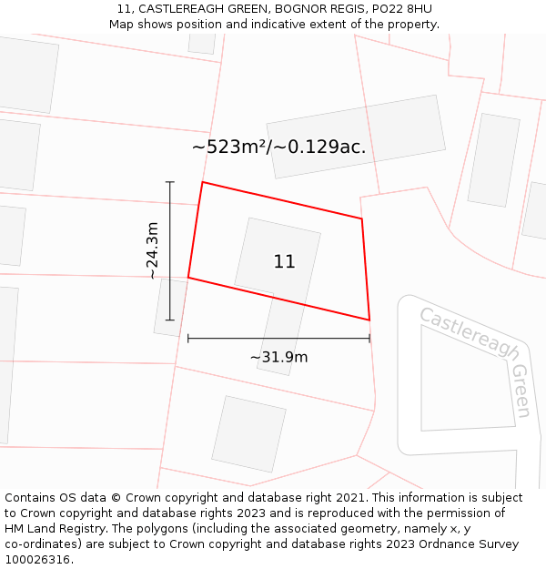 11, CASTLEREAGH GREEN, BOGNOR REGIS, PO22 8HU: Plot and title map