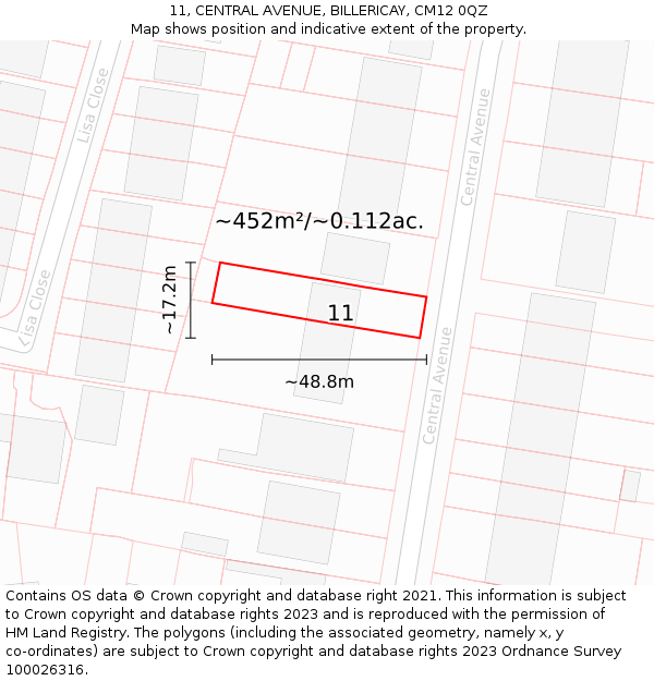 11, CENTRAL AVENUE, BILLERICAY, CM12 0QZ: Plot and title map