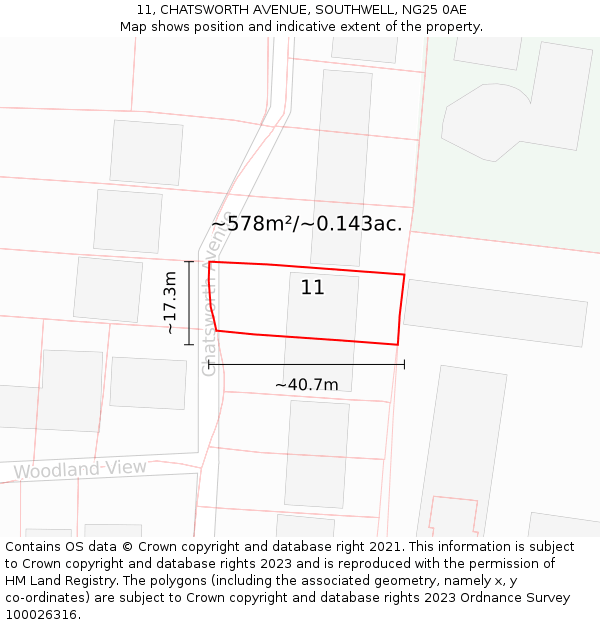 11, CHATSWORTH AVENUE, SOUTHWELL, NG25 0AE: Plot and title map