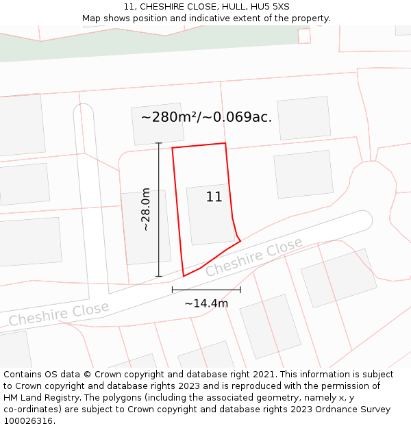 11, CHESHIRE CLOSE, HULL, HU5 5XS: Plot and title map