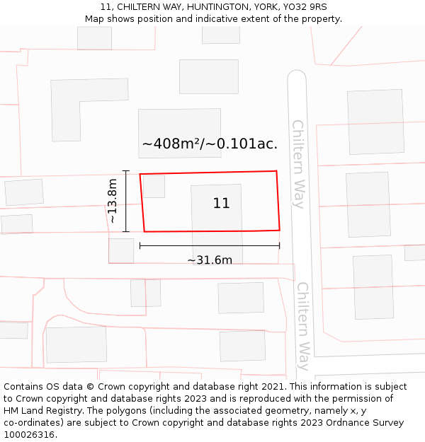 11, CHILTERN WAY, HUNTINGTON, YORK, YO32 9RS: Plot and title map