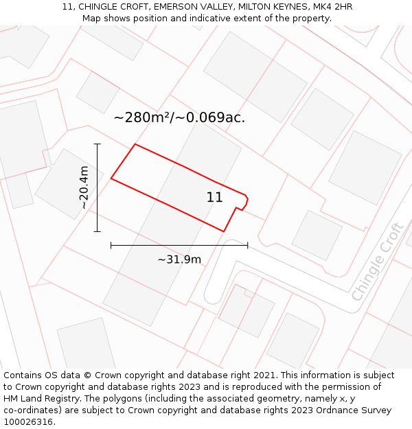 11, CHINGLE CROFT, EMERSON VALLEY, MILTON KEYNES, MK4 2HR: Plot and title map