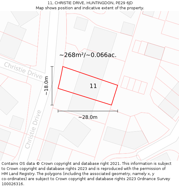 11, CHRISTIE DRIVE, HUNTINGDON, PE29 6JD: Plot and title map