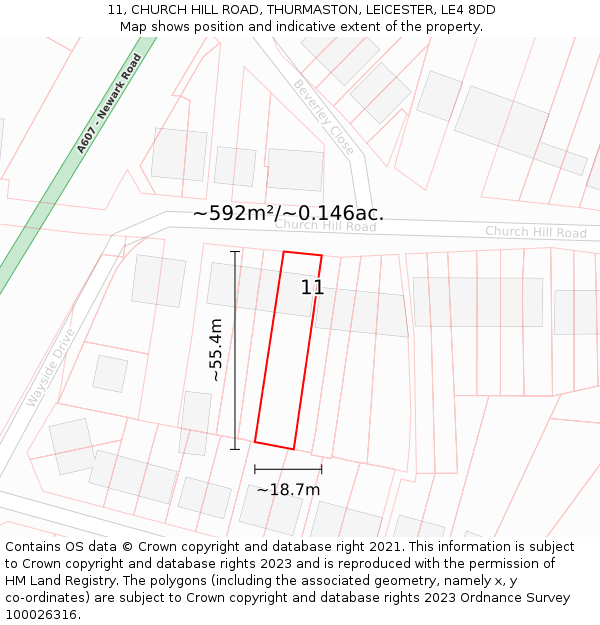 11, CHURCH HILL ROAD, THURMASTON, LEICESTER, LE4 8DD: Plot and title map