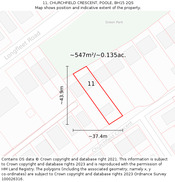 11, CHURCHFIELD CRESCENT, POOLE, BH15 2QS: Plot and title map