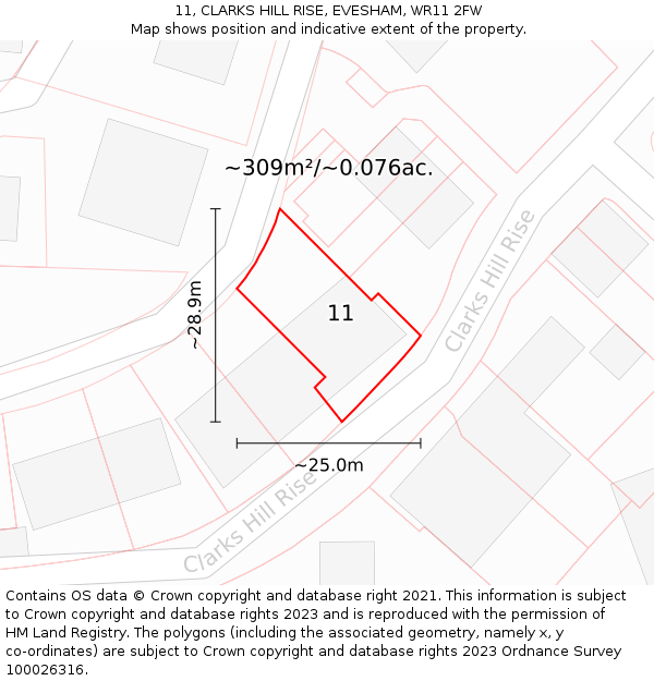 11, CLARKS HILL RISE, EVESHAM, WR11 2FW: Plot and title map