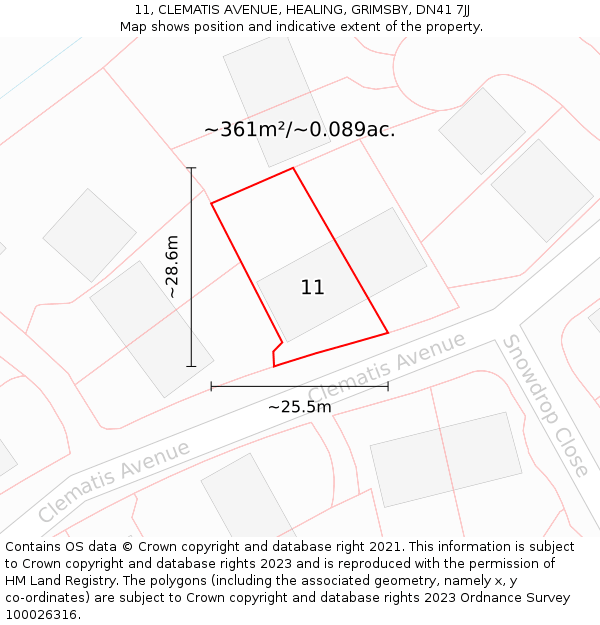 11, CLEMATIS AVENUE, HEALING, GRIMSBY, DN41 7JJ: Plot and title map