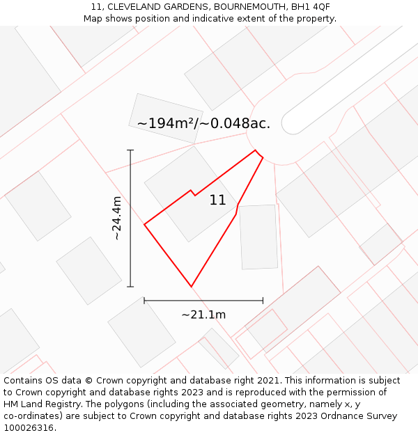 11, CLEVELAND GARDENS, BOURNEMOUTH, BH1 4QF: Plot and title map