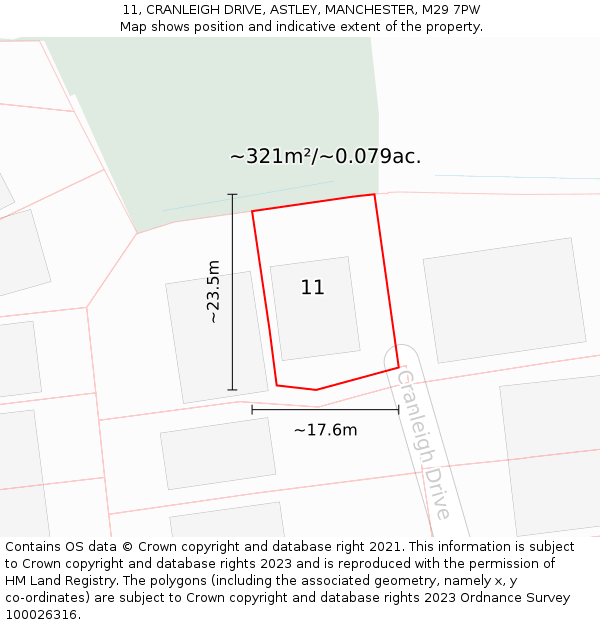 11, CRANLEIGH DRIVE, ASTLEY, MANCHESTER, M29 7PW: Plot and title map