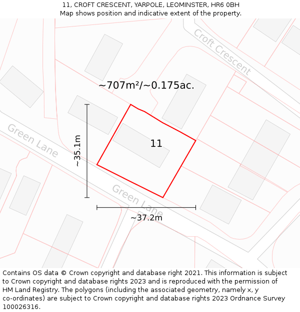 11, CROFT CRESCENT, YARPOLE, LEOMINSTER, HR6 0BH: Plot and title map