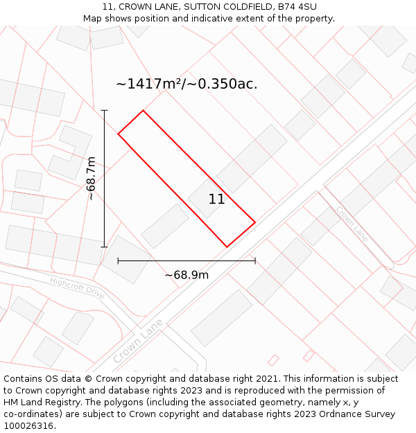 11, CROWN LANE, SUTTON COLDFIELD, B74 4SU: Plot and title map