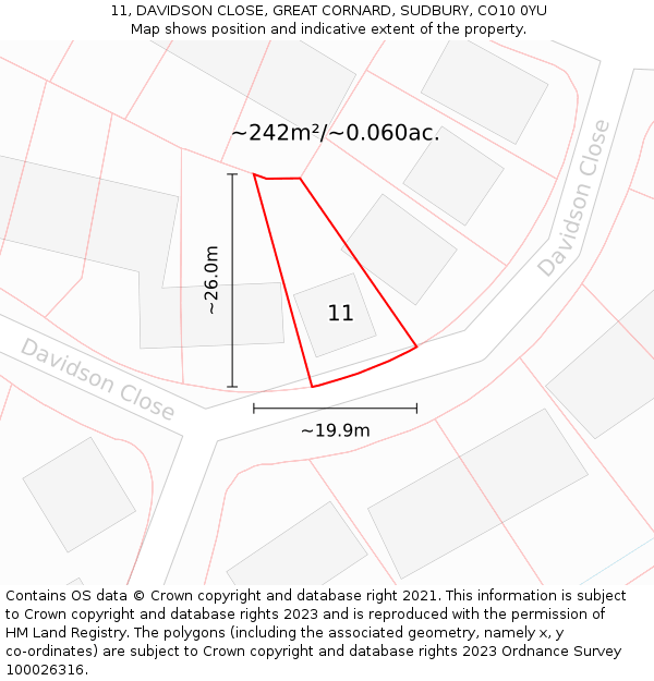 11, DAVIDSON CLOSE, GREAT CORNARD, SUDBURY, CO10 0YU: Plot and title map