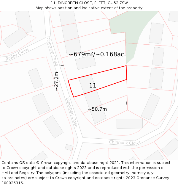 11, DINORBEN CLOSE, FLEET, GU52 7SW: Plot and title map