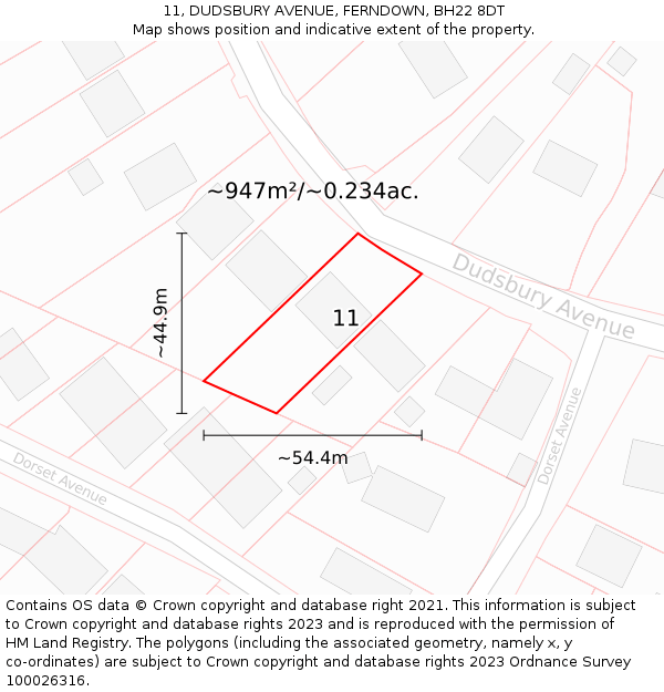 11, DUDSBURY AVENUE, FERNDOWN, BH22 8DT: Plot and title map