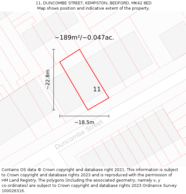 11, DUNCOMBE STREET, KEMPSTON, BEDFORD, MK42 8ED: Plot and title map