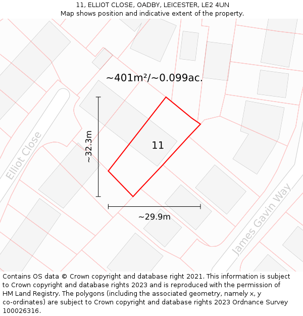 11, ELLIOT CLOSE, OADBY, LEICESTER, LE2 4UN: Plot and title map