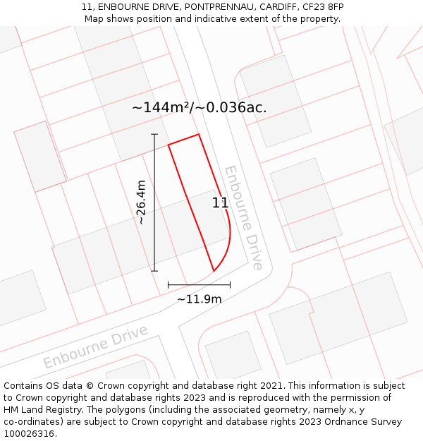 11, ENBOURNE DRIVE, PONTPRENNAU, CARDIFF, CF23 8FP: Plot and title map