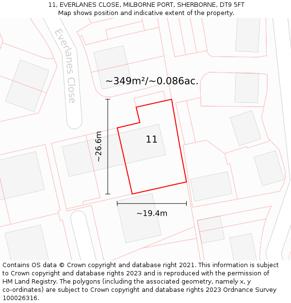 11, EVERLANES CLOSE, MILBORNE PORT, SHERBORNE, DT9 5FT: Plot and title map