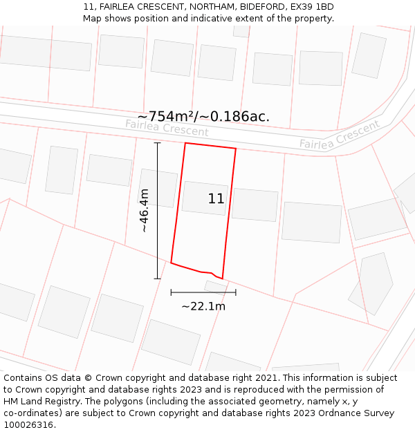 11, FAIRLEA CRESCENT, NORTHAM, BIDEFORD, EX39 1BD: Plot and title map