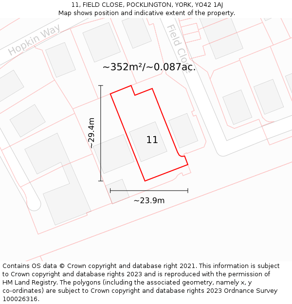 11, FIELD CLOSE, POCKLINGTON, YORK, YO42 1AJ: Plot and title map