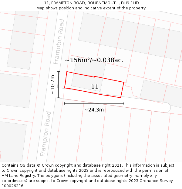 11, FRAMPTON ROAD, BOURNEMOUTH, BH9 1HD: Plot and title map