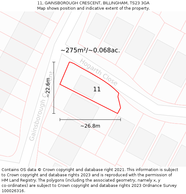 11, GAINSBOROUGH CRESCENT, BILLINGHAM, TS23 3GA: Plot and title map