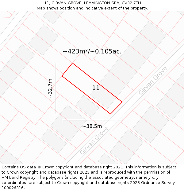 11, GIRVAN GROVE, LEAMINGTON SPA, CV32 7TH: Plot and title map