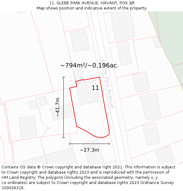 11, GLEBE PARK AVENUE, HAVANT, PO9 3JR: Plot and title map