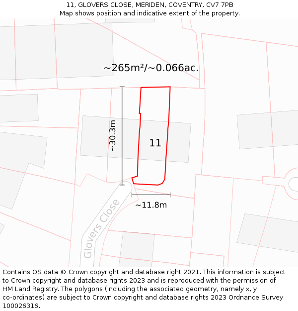 11, GLOVERS CLOSE, MERIDEN, COVENTRY, CV7 7PB: Plot and title map